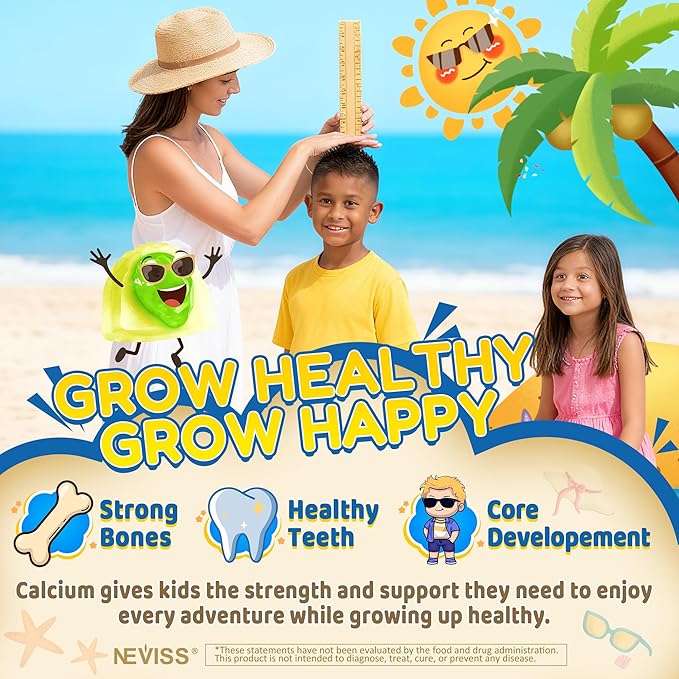 Kids Calcium Gummies + Vitamin D3 (1000IU/2000IU), K2, Magnesium, Phosphorus, Probiotic, Algae Calcium Supplement for Kids 4+ & Teens for Bones & Teeth, Extra Calcium Absorption, Sugar Free, 60 Counts