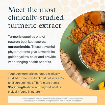 Youtheory Turmeric Extra Strength - 1,000 mg Turmeric Supplement - with 10 mg Black Pepper - Curcumin Joint Support* - Soy, Dairy & Gluten Free -120 Vegetarian Capsules