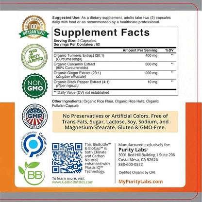 USDA Organic Turmeric Curcumin Capsules 8000mg Equivalent with Black Pepper & Organic Ginger for Absorption, High Potency Turmeric Supplement for Joint Support & Inflammation, 120 Vegetarian Capsules