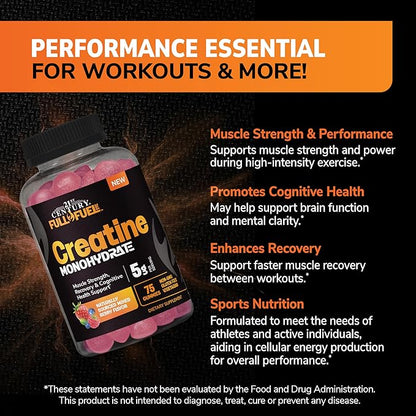 21st Century Full Fuel 365 Creatine Monohydrate Gummies, 5g Per Serve, Muscle Strength, Recovery & Cognitive Support, Mixed Berry Flavor, 75 Gummies