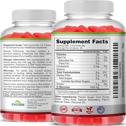 Zazzee D-Mannose Gummies, 1000 mg per Serving, 60 Vegan Gummies, Strawberry Flavor, Non-Sugar-Coated, Potent & Fast-Acting, All-Natural Urinary Tract Health Support, Made in the USA