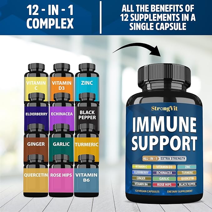 Immune Support Supplement 12 in 1 Complex with Vitamin C, D3, Zinc, Echinacea, Elderberry, Ginger, Turmeric. Immune Defend for Men & Women, Non-GMO, Gluten-Free, Vegan, USA (120 Capsules)