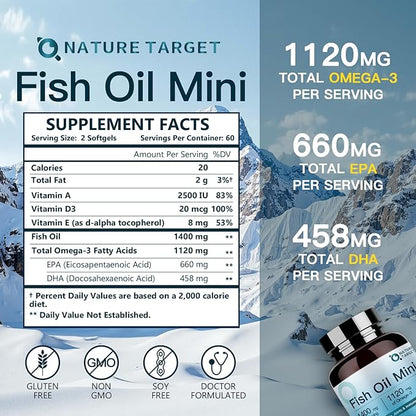 NATURE TARGET Fish Oil Mini 1400mg, High-Potency Omega 3 Supplement with Vitamins A & D3 & E, Supports Heart, Brain, Joints & lmmune System, Non-GMO, 120 Softgels, Wild-Caught