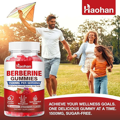 Haohan Berberine Gummies, 1500mg High Potency Berberine HCl, Ceylon Cinnamon, Milk Thistle, Immune System & Metabolism Support, Vegan, Strawberry Flavor, 120 Count