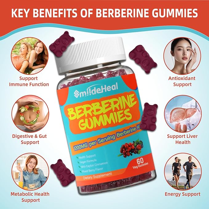 Berberine Gummies 1200mg with Ceylon Cinnamon 200mg, Milk Thistle Extract & Turmeric, Vegan Berry Flavor, Non-GMO, Gelatin-Free, Gluten-Free, 60 Count