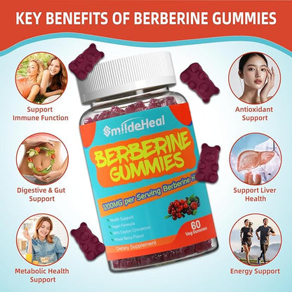 2 Pack Berberine Gummies 1200mg with Ceylon Cinnamon 200mg, Milk Thistle Extract & Turmeric, Vegan Berry Flavor, Non-GMO, Gelatin-Free, Gluten-Free, 120 Count