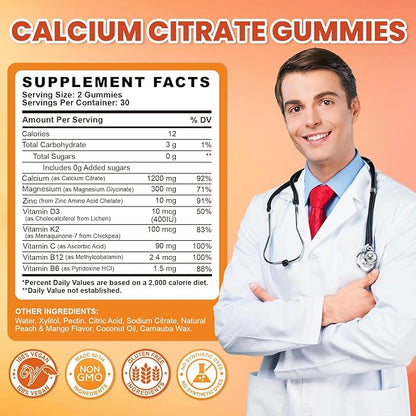 Calcium Citrate Gummies - 1200mg Calcium Gummies Supplements for Women & Men with Vitamin D3, K2, Magnesium, Zinc High Absorption for Bone, Muscle & Immune Support, Peach & Mango Flavor, 120 Count