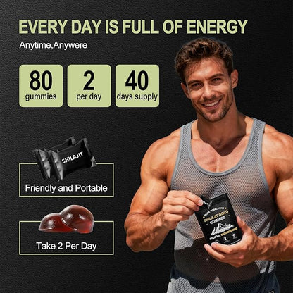 Shilajit Gummies for Men & Women, Rich in Ashwagandha Gaulshura Fulvic Acid 85 Micronutrients, No Added Sugar Non-GMO 100% Natural Organic, Energy Support & Overall Health, 80 Gummies