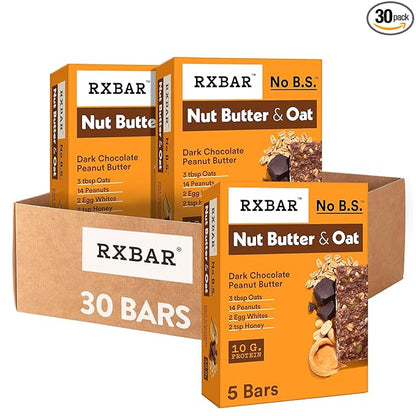 RXBAR Nut Butter and Oat Protein Bars, Protein Snacks, Dark Chocolate Peanut Butter (6 Boxes, 30 Bars)