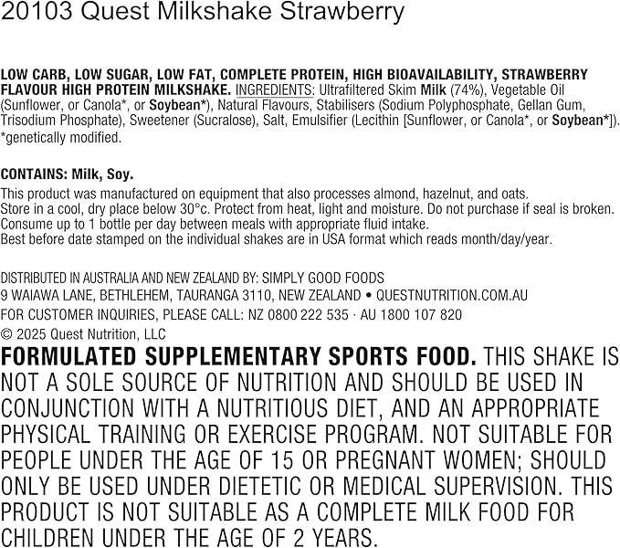 Quest Nutrition Strawberry Protein Shake, 45g Protein, 2g Sugar, 4g Net Carbs, Ready to Drink, Gluten Free, (Pack of 24)