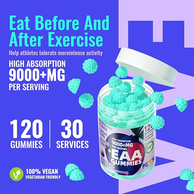 Pets Purest EAA Gummies 120 Gummies (Blueberry),Essential Amino Acids - All 9 Essential Aminos (EAA) and All Branched-Chain Aminos (BCAAs), Non-GMO, Gluten Free, Vegetarian Friendly