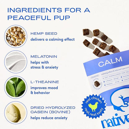 Native Pet Calming Chews for Dogs Large Breed - Promotes Calming Effect, Supports Emotional Balance & Reduces Hyperactivity - Hemp Seed, Melatonin for Dogs, L-Theanine & Casein - 30 Days Supply