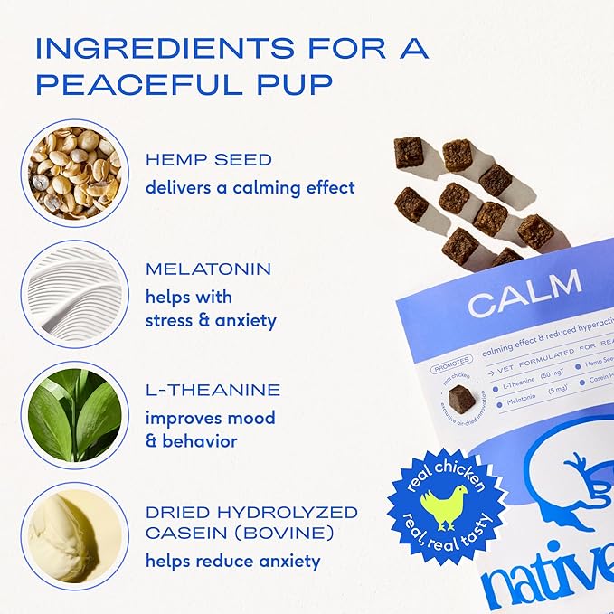 Native Pet Calming Chews for Dogs Small Breed - Promotes Calming Effect, Supports Emotional Balance & Reduces Hyperactivity - Hemp Seed, Melatonin for Dogs, L-Theanine & Casein - 30 Days Supply