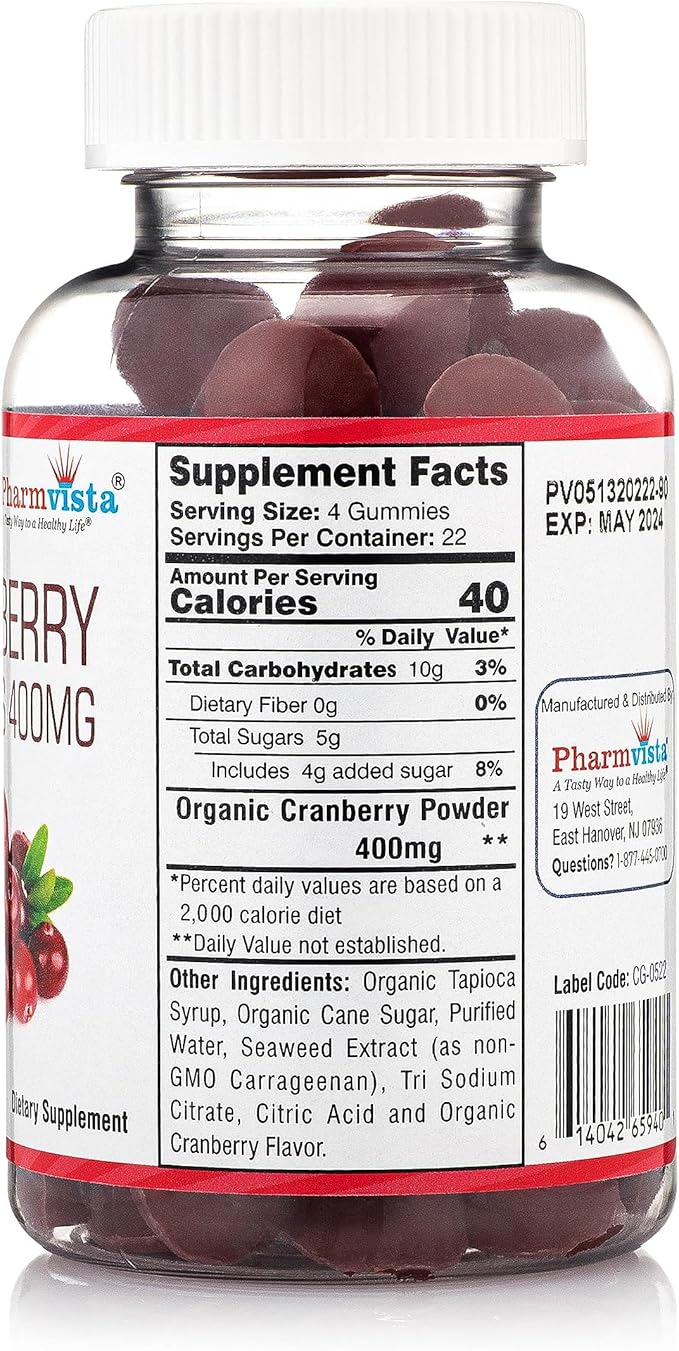 Pharmvista Cranberry Gummies for Kids & Adults 400mg-Gluten Free Allergen Free Nutrient Rich Vegan Supplement -Cranberry Chews-90 Count
