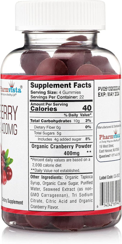 Pharmvista Cranberry Gummies for Kids & Adults 400mg-Gluten Free Allergen Free Nutrient Rich Vegan Supplement -Cranberry Chews-90 Count