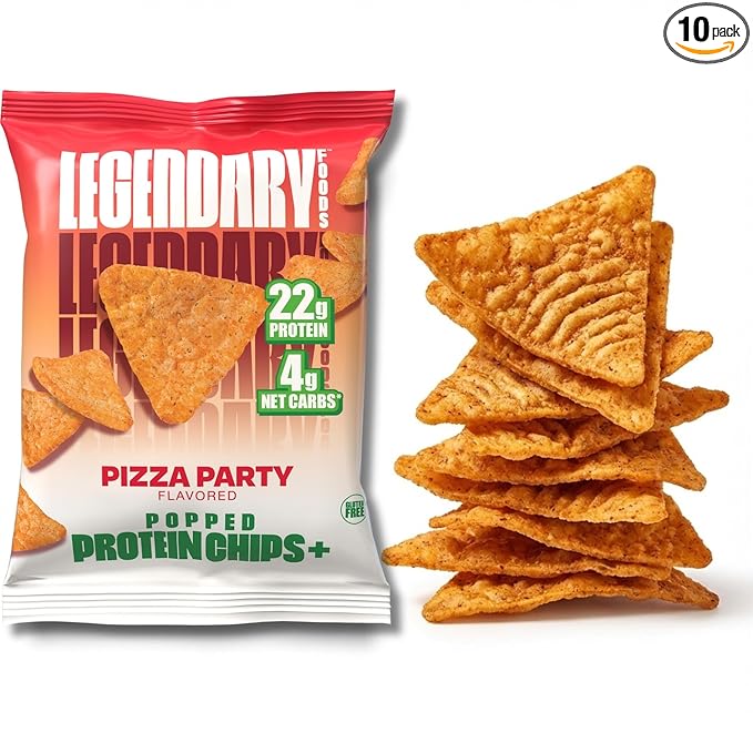 Legendary Foods Pizza Party Protein Chips – Popped Tortilla Style – 22g High Protein, 4g Net Carbs, Low Sugar, Gluten Free, Keto Snack Packs – 10 Count – Healthy Crunchy Chips