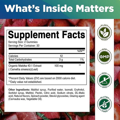 Vitamatic Matcha Gummies 60 Count | Strawberry & Watermelon Flavor - Non-GMO