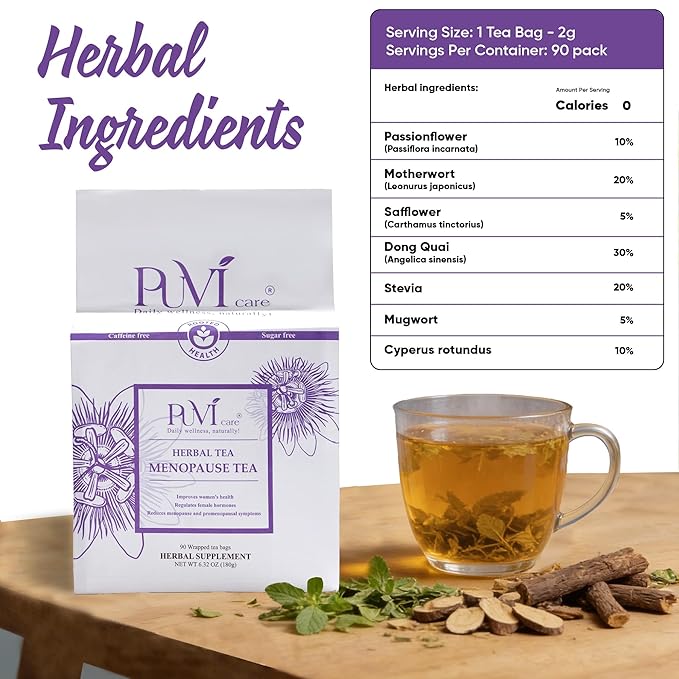 Puvi Care Menopause Tea, Dong Quai Tea for Hot Flash Relief, Herbal Tea bags Hormone BalancePassion Flower Tea Motherwort tea | Non-GMO, Sugar-Free, Gluten Free | Hot flash relief for women | 90 Bags
