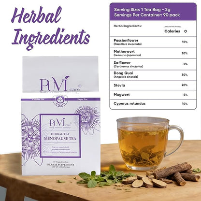 Puvi Care Menopause Tea, Dong Quai Tea for Hot Flash Relief, Herbal Tea bags Hormone BalancePassion Flower Tea Motherwort tea | Non-GMO, Sugar-Free, Gluten Free | Hot flash relief for women | 90 Bags