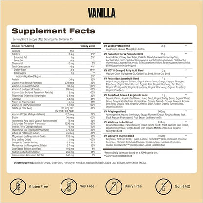 VitaHustle ONE Vegan Vanilla Protein Powder - 20g Plant Protein Meal Replacement with 86+ Superfoods & Greens, Probiotics + No Bloat Digestive Blend - Dairy Free, Gluten Free (15 Servings)