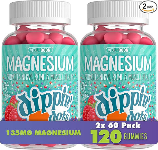 Dippin' Dots Magnesium Gummies for Women, Men & Kids – Razzle Raspberry – Magnesium Citrate Gummies with No Artificial Colors or Flavors – Vegan Friendly Calm Nerve Bone & Muscle Supplement (2 Pack)