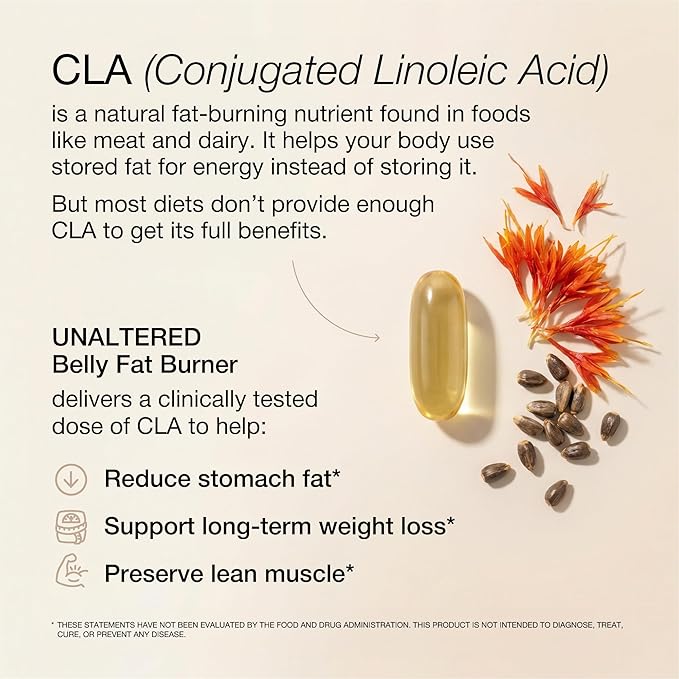 UNALTERED Belly Fat Burner for Men - Natural Weight Loss Pills to Support Reduced Body Fat, Preservation of Lean Muscle Mass, and a Healthy Metabolism - CLA Dietary Supplement - 90 Softgel Capsules