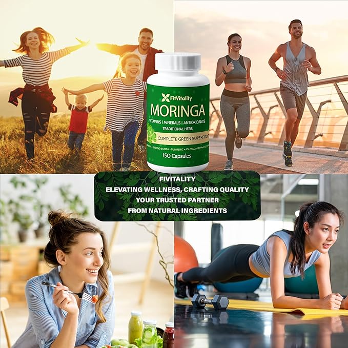 150 Veggie Moringa Premium Capsules –Moringa Leaf, Ginkgo Biloba Leaf, Turmeric Extract, Ashwagandha & Tulsi Holy Basil – 100% Natural Herbal Blend.