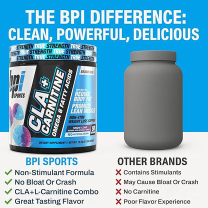 BPI Sports CLA+Carnitine – CLA L Carnitine & Linoleic Acid – L Carnitine Supplement for Weight Loss, Metabolism & Lean Muscle – Caffeine Free – Snow Cone – 50 Servings – 12.34 oz