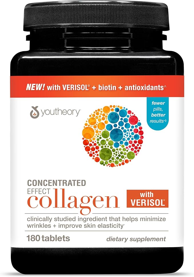 Youtheory Concentrated Effect Collagen with Verisol - Collagen Peptides with Vitamins C & B - Supports Hair, Nails, Bones & Joints* - 180 Tablets (60-Day Supply)
