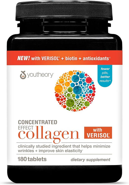Youtheory Concentrated Effect Collagen with Verisol - Collagen Peptides with Vitamins C & B - Supports Hair, Nails, Bones & Joints* - 180 Tablets (60-Day Supply)