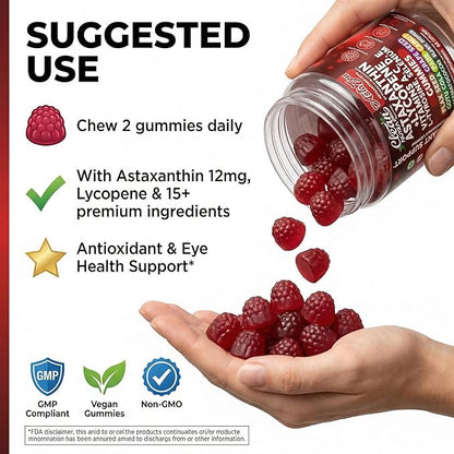 Clean Nutraceuticals AstaZen Astaxanthin Gummies 12mg - with Lycopene, Vitamins A C D E, L-Tyrosine & Selenium - Antioxidant Support Gummies - 60 Count
