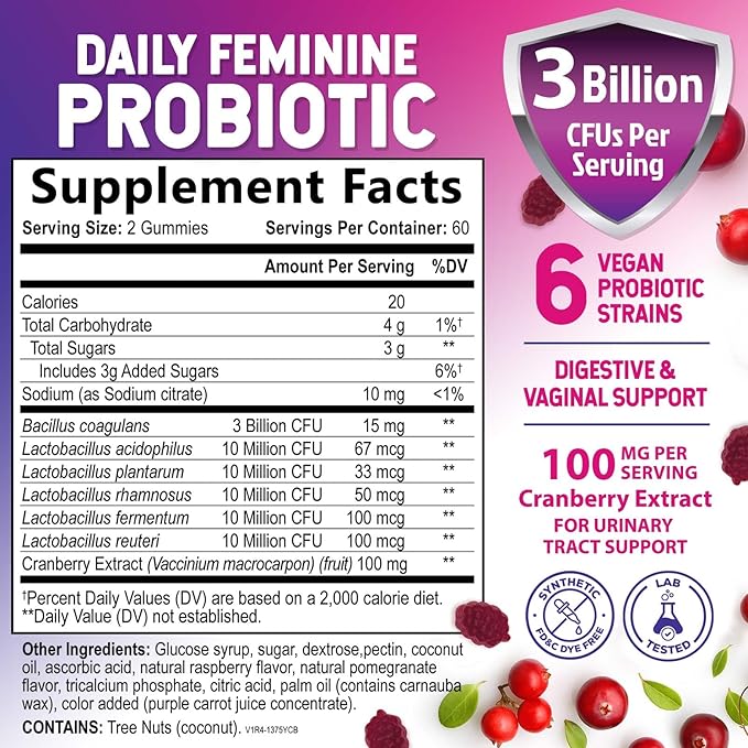 Nature's Nutrition Probiotics for Women Gummies with Cranberry - 6 Premium Strains for PH Balance, Digestive Health, Vaginal & Immune Support, Women's Probiotic Gummy for Feminine Health - 120 Gummies