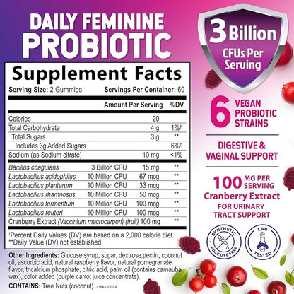 Nature's Nutrition Probiotics for Women Gummies with Cranberry - 6 Premium Strains for PH Balance, Digestive Health, Vaginal & Immune Support, Women's Probiotic Gummy for Feminine Health - 120 Gummies