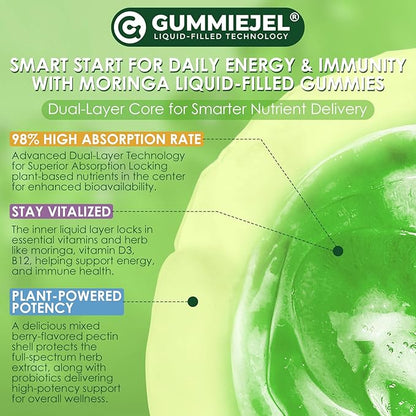 Moringa Gummies 1000mg for Women & Men Sugar-Free, 13-in-1 Superfood with Turmeric, Ashwagandha, Trans-Resveratrol, VB12 D3, Pure Moringa Leaf Supplement for Energy, Immune, Skin,Antioxidant, 60 Chews