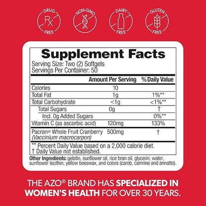 AZO Cranberry Supplement, Made with Concentrated Whole Fruit Cranberry Powder to Help Cleanse and Protect the Urinary Tract*, Sugar Free Cranberry Pills, Non-GMO, 100 Softgels