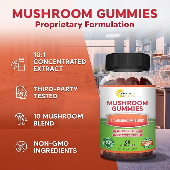 aSquared Nutrition Mushroom Gummies - 10x Complex Supplement - Lions Mane, Turkey Tail, Reishi, Cordyceps, Chaga - Energy, Focus, Immune Support for Men & Women - Replace Powder, Capsules & Pills