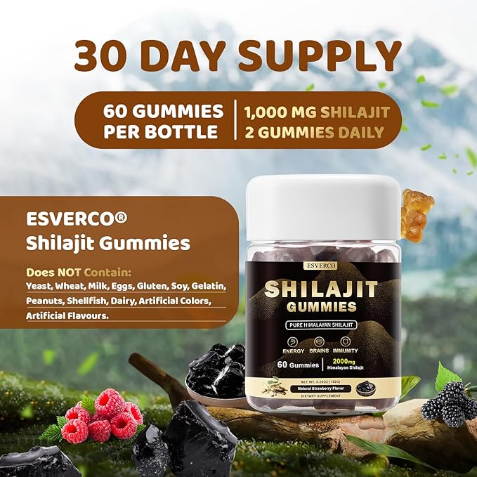 Shilajit Gummies Supplements, Shilajit Gummies, Lab Test, Trace Minerals, for Men, Women, Non-GMO, Natural Color & Flavor, 60 Count