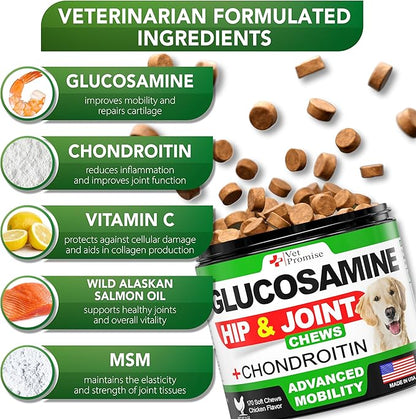 Glucosamine for Dogs - Hip and Joint Supplement for Dogs - Glucosamine Chondroitin - Joint Pain Relief Pills - MSM - Advanced Health Support Supplement - 170 Mobility Chews - Made in USA