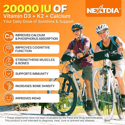 Vitamin D3 20,000 IU + K2 Vitamin (MK4 & MK7) 200mcg + Calcium Citrate, Optimal Vitamin D3 K2 Softgel - Strong Bone & Muscle, Calcium Absorption, Helping Vitamin D Deficiencies, Easy to Swallow, 1Pack