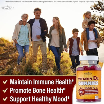 NEW AGE Vitamin D3 5000 IU 125mcg Gummies - Immune Supplement - Non-GMO, Gluten-Free, Dairy-Free, No Gelatin (180 Gummies (Pack of 3))