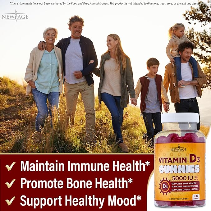 NEW AGE Vitamin D3 5000 IU 125mcg Gummies - Immune Supplement - Non-GMO, Gluten-Free, Dairy-Free, No Gelatin (120 Gummies (Pack of 2))