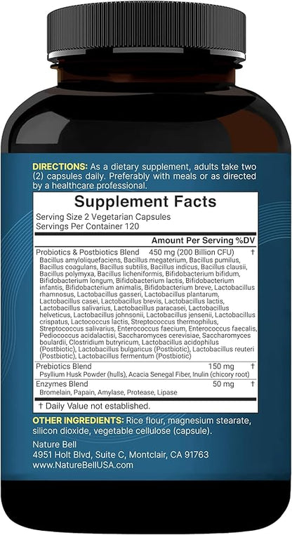 NatureBell Probiotic 200 Billion CFU – 40 Strains Per Serving | 240 Veggie Capsules with Prebiotics and Probiotics – Full Spectrum Complex with Enzymes – Daily Probiotics for Women & Men