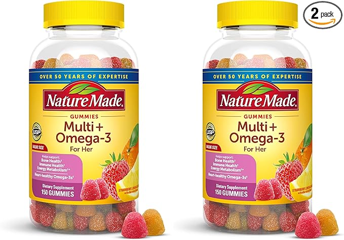 Nature Made Womens Gummy Multivitamins with Omega-3, Multivitamin for Women for Daily Nutritional Support, 150 Gummies, 75 Day Supply, (Pack of 2)
