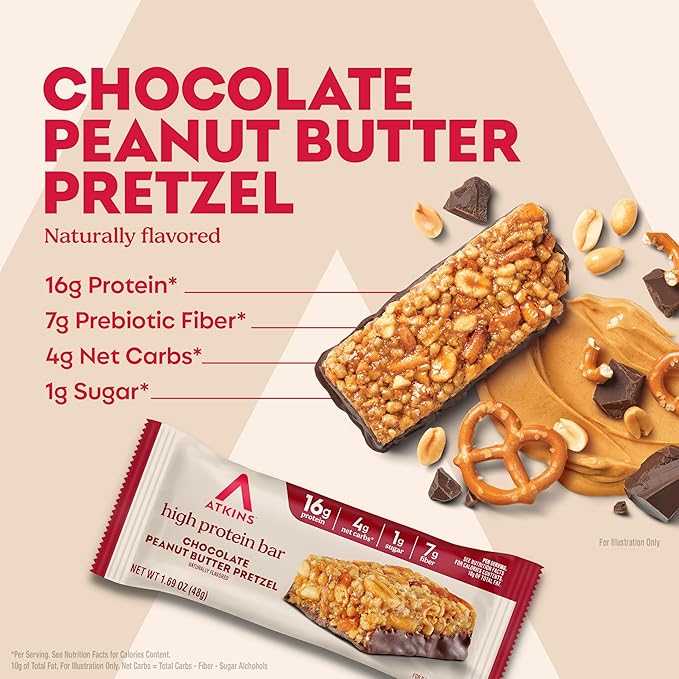 Atkins Chocolate Peanut Butter Pretzel High Protein Bar, High Fiber, 16g Protein, 1g Sugar, 4g Net Carbs, Keto Friendly, 12 Count
