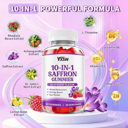 Saffron Gummies, Saffron Supplements for Kids & Adults with Ashwagandha, L-Theanine, Lemon Balm, Vitamin D3, B6, Magnesium & Zinc - Support Focus, Relaxation, Raspberry Flavor, 120 Count