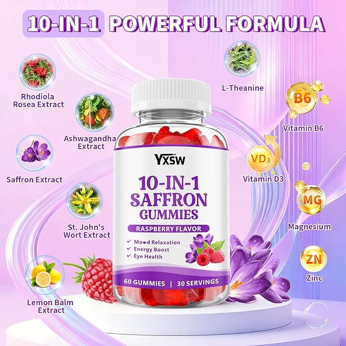 Saffron Gummies, Saffron Supplements for Kids & Adults with Ashwagandha, L-Theanine, Lemon Balm, Vitamin D3, B6, Magnesium & Zinc - Support Focus, Relaxation, Raspberry Flavor, 60 Count