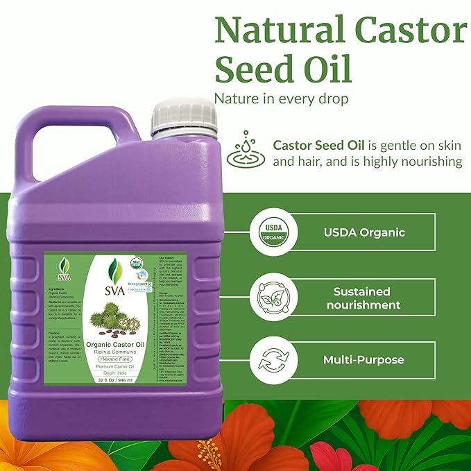 SVA Castor Seed Oil Organic - 32 Fl Oz – 100% Natural Cold Pressed Organic Castor Oil - for Face, Skin Care, Hair Care, Scalp Massage & Body Massage