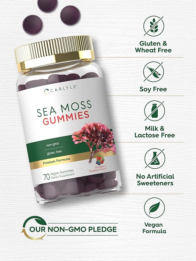 Carlyle Sea Moss Gummies | 70 Count | Strawberry Blueberry Flavor | Vegan, Non-GMO, Gluten Free Supplement