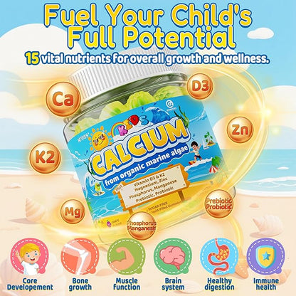 Kids Calcium Gummies + Vitamin D3 (1000IU/2000IU), K2, Magnesium, Phosphorus, Probiotic, Algae Calcium Supplement for Kids 4+ & Teens for Bones & Teeth, Extra Calcium Absorption, Sugar Free, 60 Counts