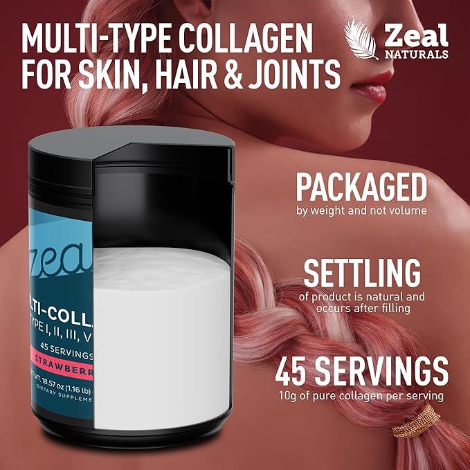 Zeal Naturals Multi Collagen Protein Peptides Powder Types I II III V X - Vitamin C, Biotin & Hyaluronic Acid - Hair, Skin & Nails - Marine, Bovine, Chicken & Eggshell - Strawberry, 45 Servings